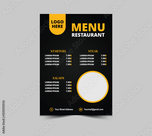 Menu Restaurant Fast Food Flyer Design Template With Starters Salad And Steak Vector Illustration