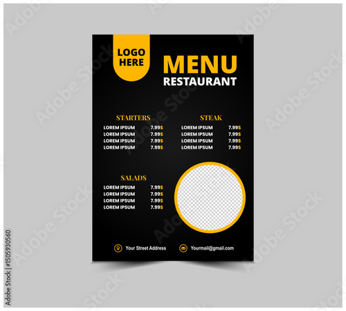 Menu Restaurant Fast Food Flyer Design Template With Starters Salad And Steak Vector Illustration