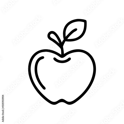 Black Line Art Apple Fruit Icon with Leaf Isolated on White Background