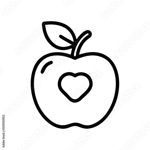 Black Line Art Apple with Heart Icon Isolated on White Background