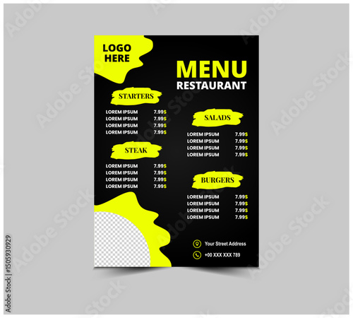 Menu Restaurant Fast Food Flyer Design Template With Starters Steak Burgers And Salad Vector Illustration