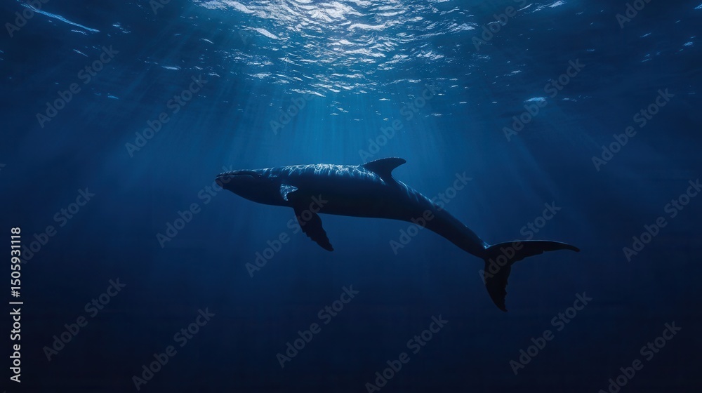Fototapeta premium Majestic Ocean Predator Swimming Underwater in Sunlit Blue Depths of the Ocean with Rays of Light Penetrating the Surface