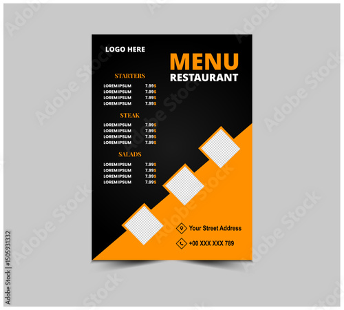 Menu Restaurant Fast Food Flyer Design Template With Starters Steak And Salad Vector Illustration