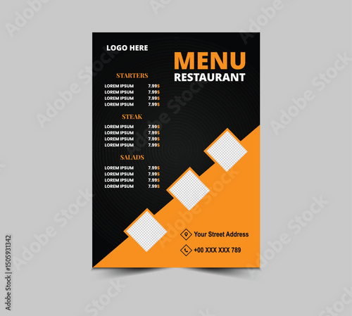 Menu Restaurant Fast Food Flyer Design Template With Starters Steak And Salad Vector Illustration