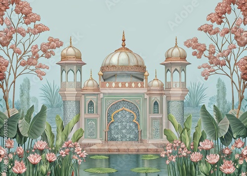 Ornate Mughal architecture stands serenely amidst lush flora, reflecting on the calm water's surface