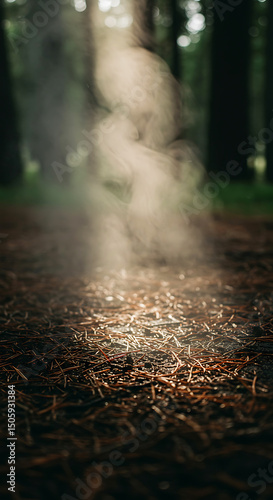 Forest floor steam rising through pine needles