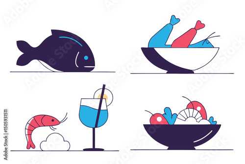 Colorful minimalist food illustration featuring seafood drink and fruit in a simple vector design