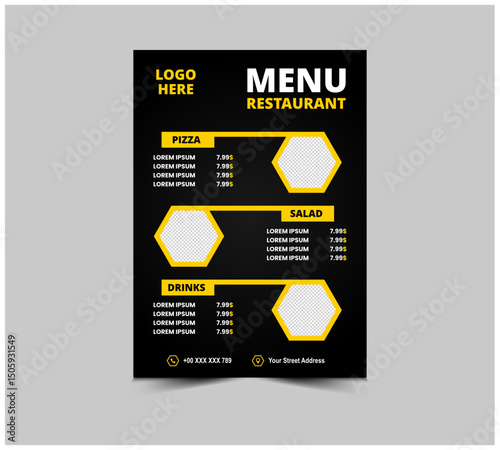 Menu Restaurant Fast Food Flyer Design Template With Pizza Salad And Drinks Vector Illustration