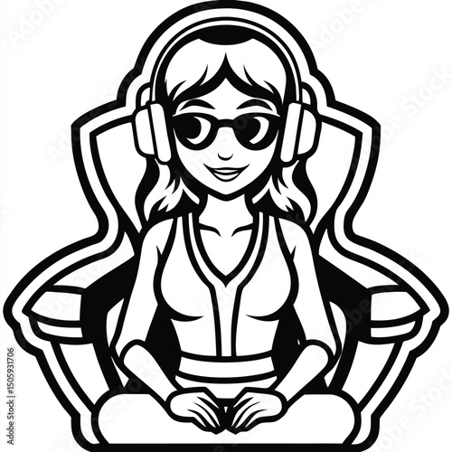 Smiling female gamer in headphones and sunglasses