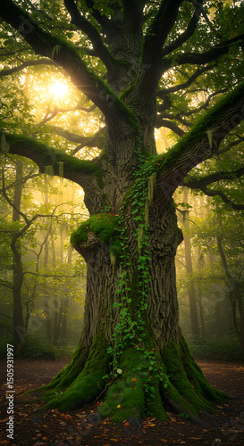 Ancient moss covered oak tree in a misty forest