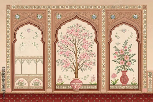 Three arched floral panels present artistic vintage Indian design elements decoratively