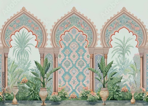 Three patterned arches frame lush plant life, creating a tranquil indoor garden with classic architectural details