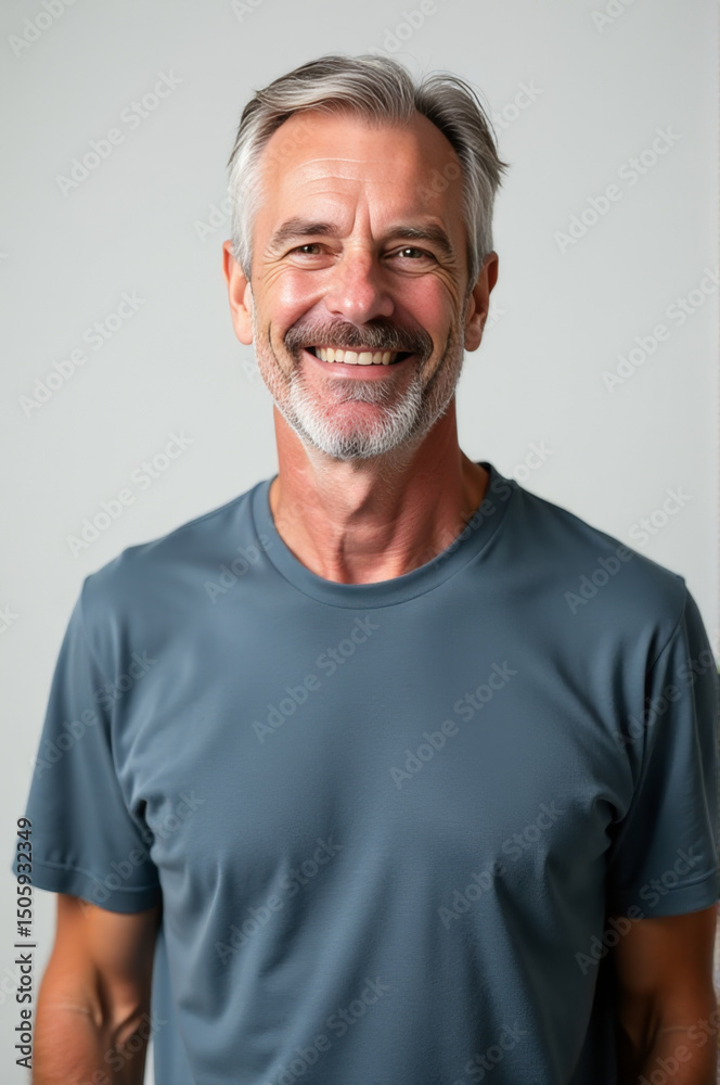 Obraz premium A happy person smiling directly into the camera lens, wearing a blue shirt