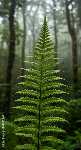 Single fern frond in a misty forest