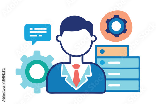 Business Man with Data Servers Gears and Speech Bubble Icon Illustration