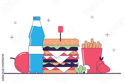 Colorful illustration of a delicious hamburger meal with side dishes and beverages