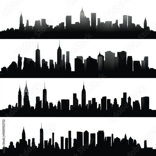 Vector silhouette set of new york city skyline on white background