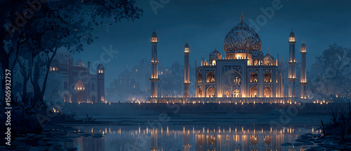 Illustration of The Taj Mahal, majestic mausoleum in Agra, India for wedding invitation seamless pattern