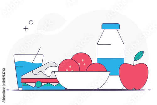 Colorful illustration of a healthy lunch featuring fruits sandwich and a bottle of milk