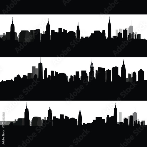 Vector silhouette set of new york city skyline on white background