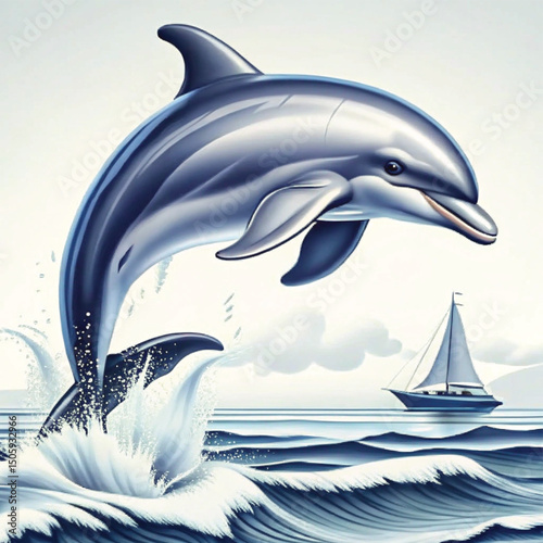 Dolphin leaping above ocean waves with sailboat in the background  
