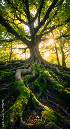 Ancient tree roots covered in moss with sunlight streaming through
