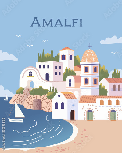 The Charming Amalfi Coast Landscape Features a Beautiful Coastal Village by the Serene Sea
