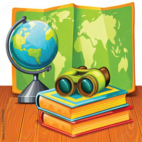 Educational globe, binoculars, and books on wooden table with map  