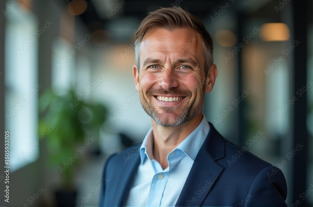 Naklejka premium A happy man in a blue suit smiling directly at the camera