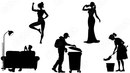 Daily Life Silhouettes of Home Chores, Relaxing, Exercise, and Routine Activities Vector Set