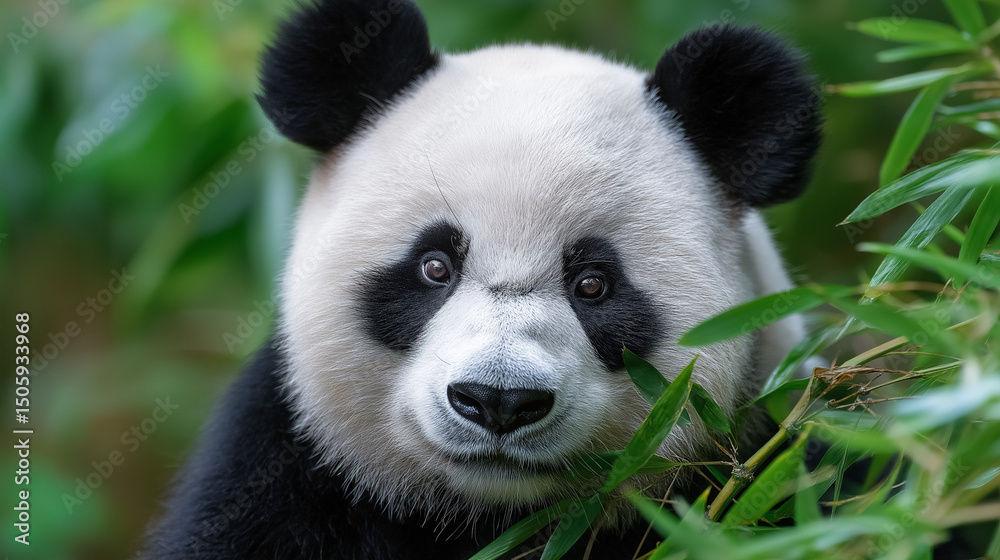 Fototapeta premium A giant panda enjoying bamboo in a tranquil mountain forest