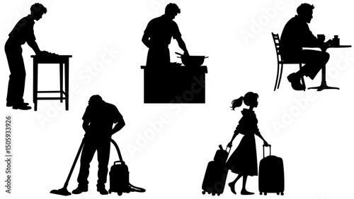Daily Life Silhouettes of Cleaning, Coffee, Travel, and Home Activities Vector Set