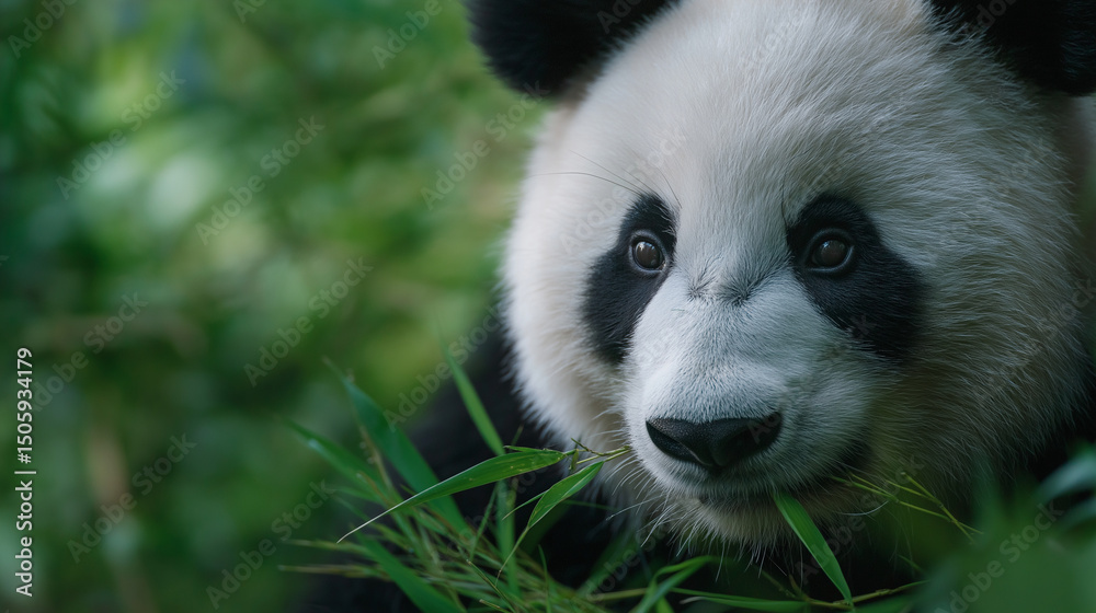 Fototapeta premium Giant panda enjoying bamboo in serene mountain bamboo forest
