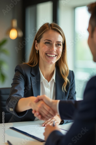 A woman and a man in a suit shaking hands, business meeting or negotiation