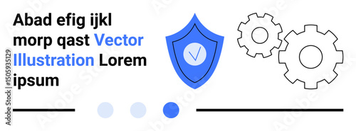 Shield with checkmark, gears, and text elements suggesting security, system settings, operations, and reliability. Ideal for technology, cybersecurity, IT services development maintenance