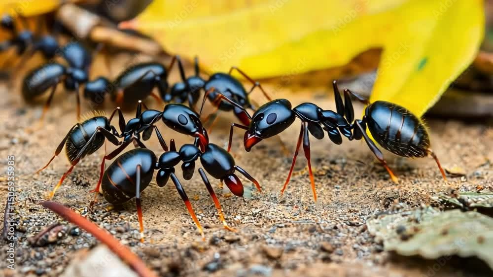 Detailed close-up of ants foraging on the ground in nature.