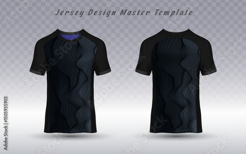 Two black sport jersey mockups, front and back view, with abstract wavy dark design. Ideal for football, soccer, esports, or team uniform sublimation templates.