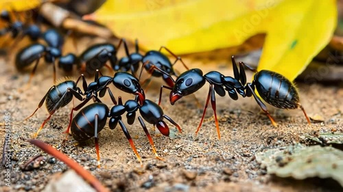 Detailed close-up of ants foraging on the ground in nature.