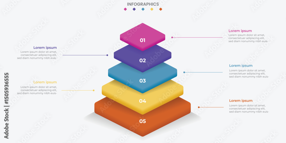 3D Layered Pyramid Infographic Template – 5 Steps for Business and Presentation