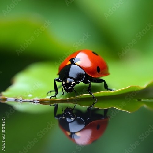 Ladybug on a leaf reflected on water.
