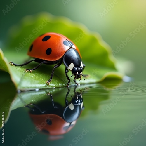 Ladybug on a leaf reflected on water.
