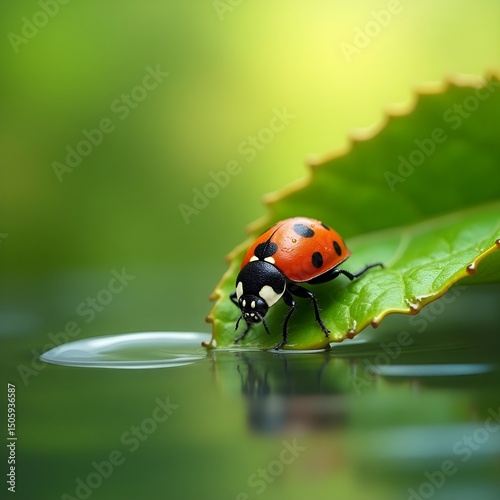 Ladybug on a leaf reflected on water.
