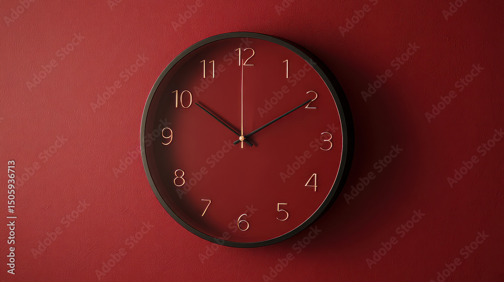 A simple clock with bold Arabic numbers on a red background. It's modern but also has a traditional feel. A simple clock with bold Arabic numbers on a red background. It's modern but also has a traditional feel.