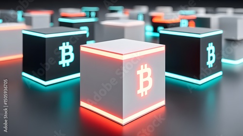 A collection of illuminated blockchain cubes showcasing the Bitcoin symbol, representing the future of digital currency and technology innovation in finance.