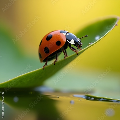 Ladybug on a leaf reflected on water.
