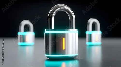 A collection of modern, glowing padlocks on a reflective surface, symbolizing security and protection. The futuristic design highlights the importance of digital safety.