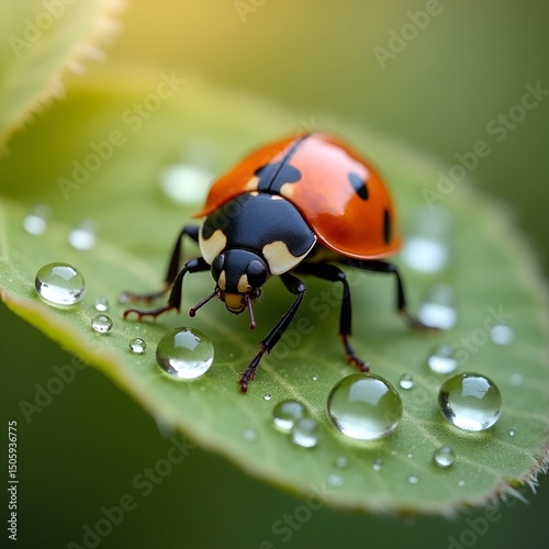 Ladybug on a leaf reflected on water.
