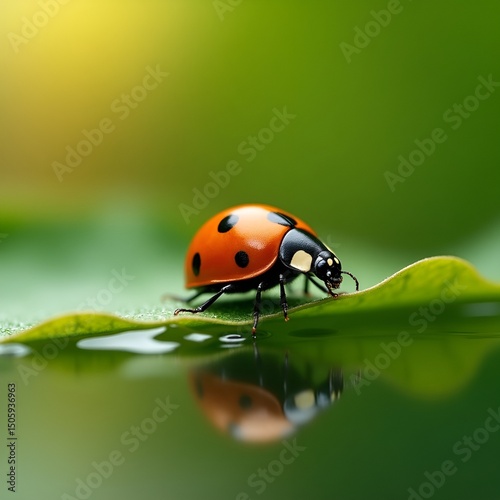 Ladybug on a leaf reflected on water.
