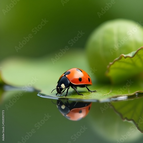 Ladybug on a leaf reflected on water.
