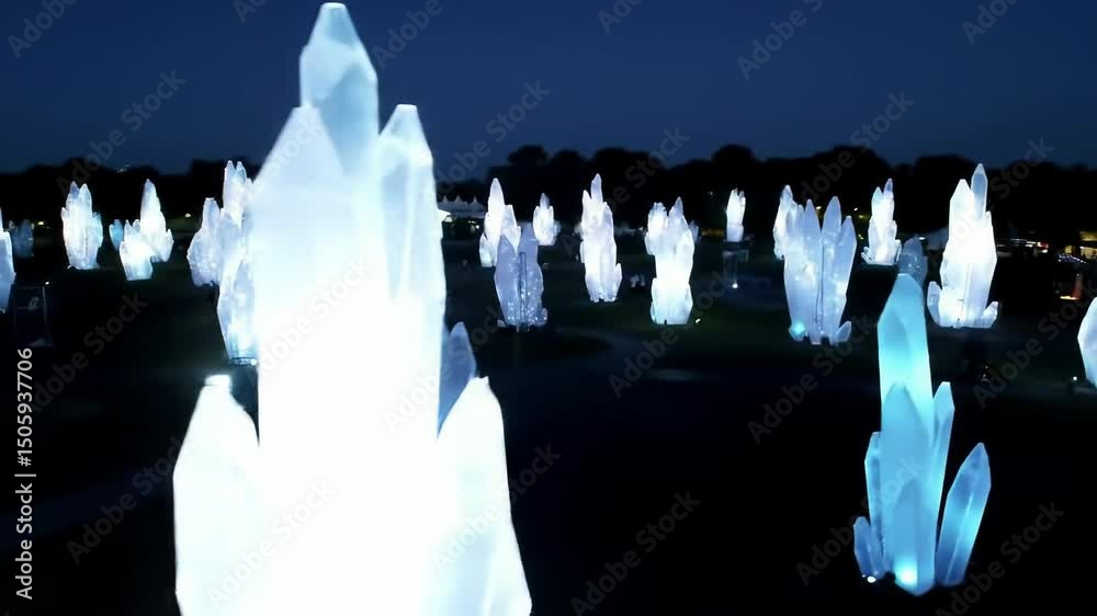 Magical nightscape of glowing crystal spires illuminating a dark landscape